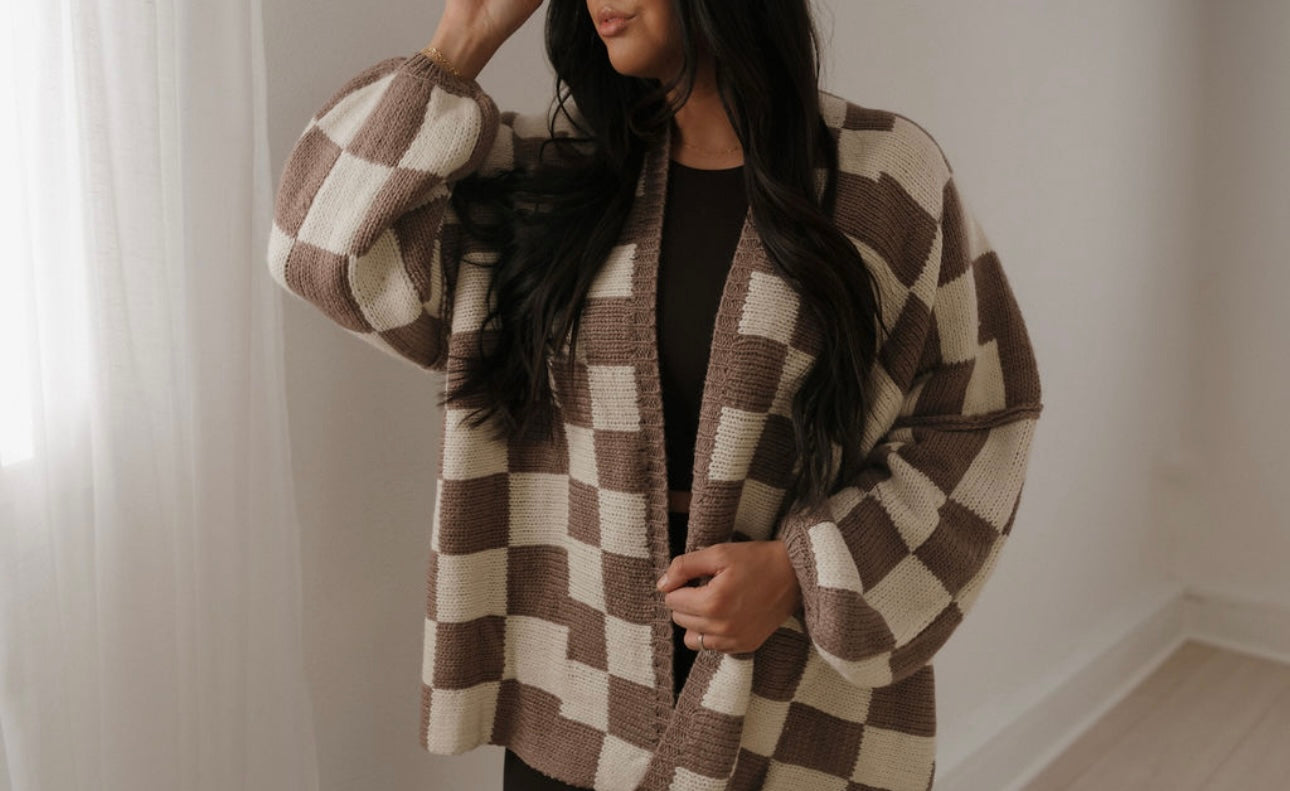 Aspen Cream &amp; Tan Checkered Cardigan